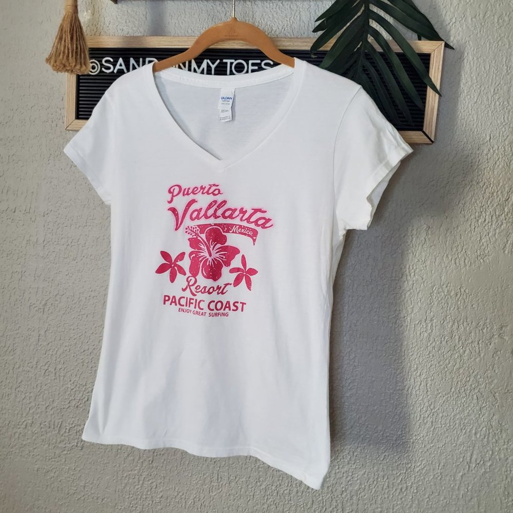 Gildan Soft Style I Puerto Vallarta Graphic Tee, White w/Pink Hibiscus  …
